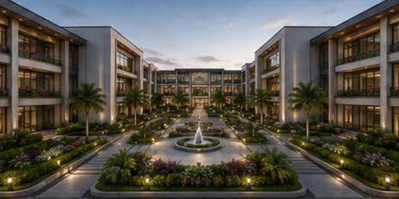 The courtyard between the two institute buildings, with a central fountain and planted walkways