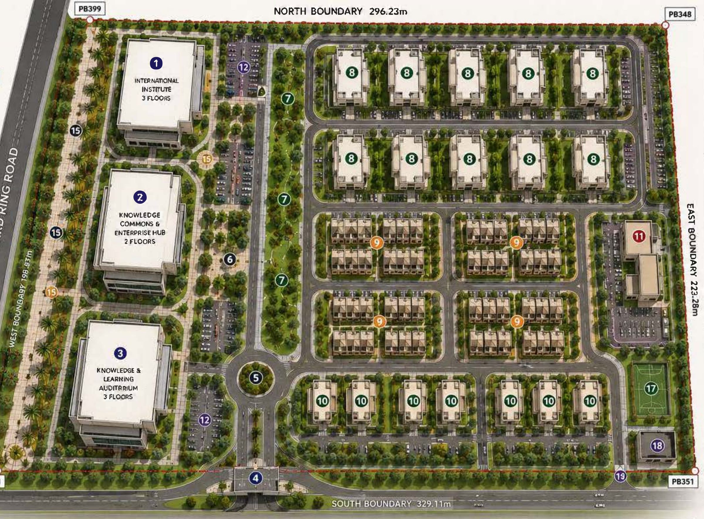 Aerial master plan of the IKAR campus showing academic buildings on the west and residential blocks on the east