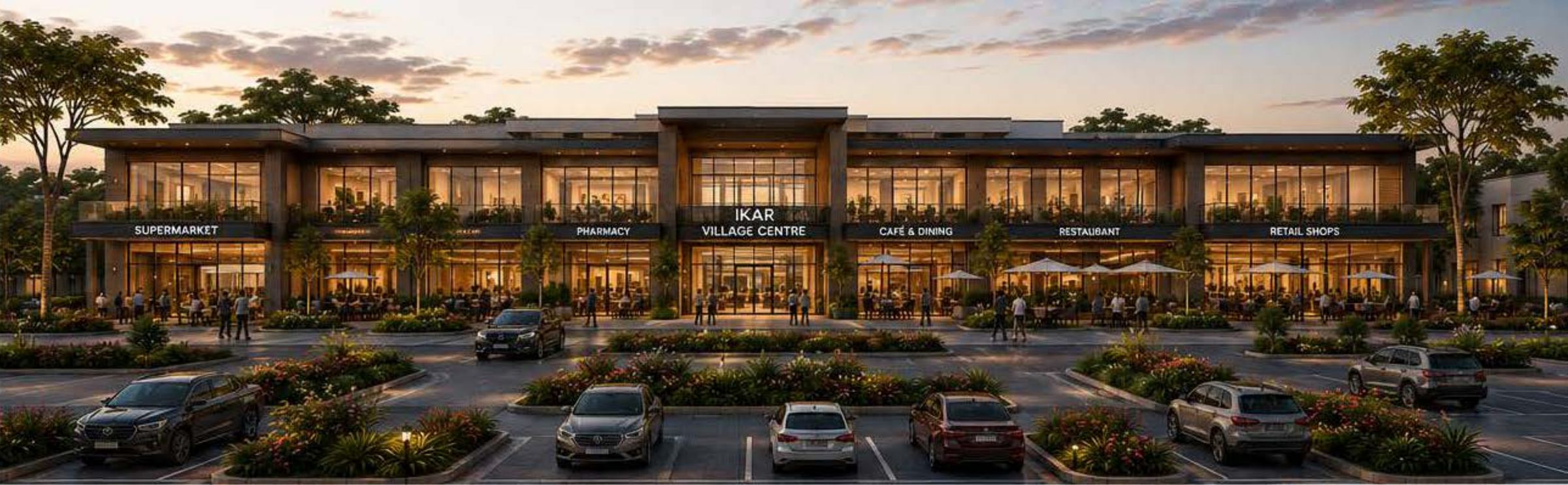 The Residential Village Centre, a two-storey retail building with a supermarket, pharmacy, café and restaurant